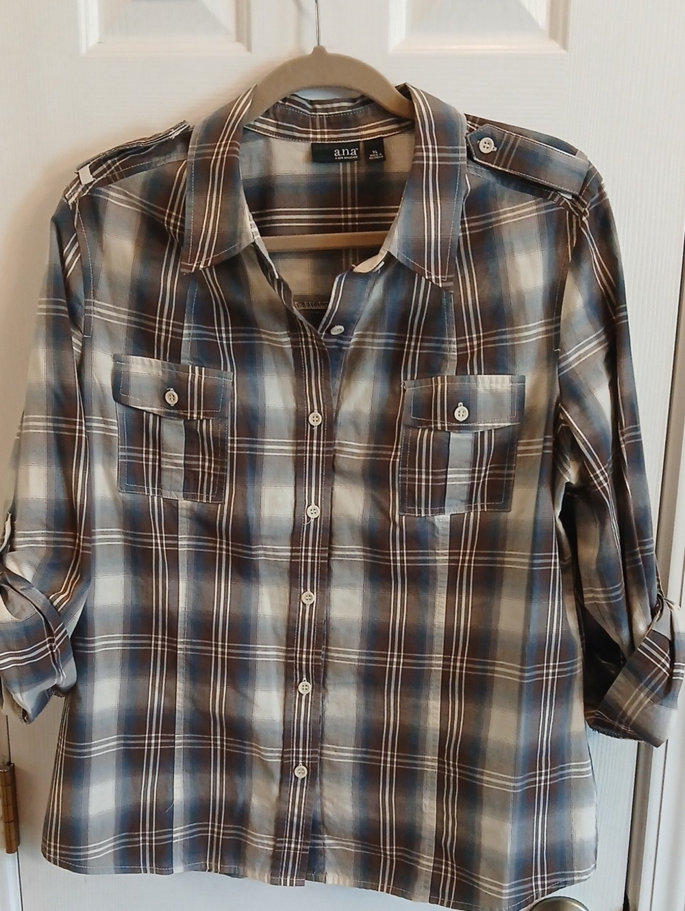 a.n.a Blue, Brown and White Plaid Button-Front Shirt Size XL